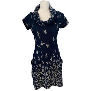 LA Soul Chic Navy Floral Cowl Neck Dress with Bird Print